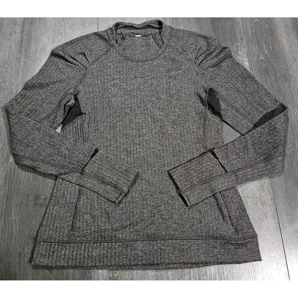 Lululemon Think Fast Baselayer Pullover Top Women 8 Gray Herringbone Gym Running